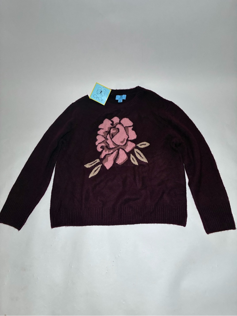 CeCe Plum Crewneck Sweater with Pink Rose Graphic